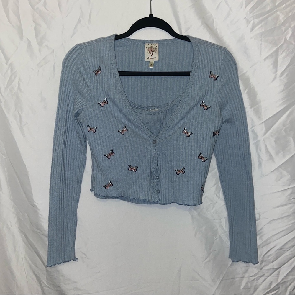 Long Sleeve Butterfly Embroidery Buttoned Top W/ Tank Top- Light blue